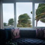 indoor view of close up window and waving palm trees in windy tropical storm