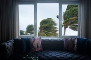 indoor view of close up window and waving palm trees in windy tropical storm